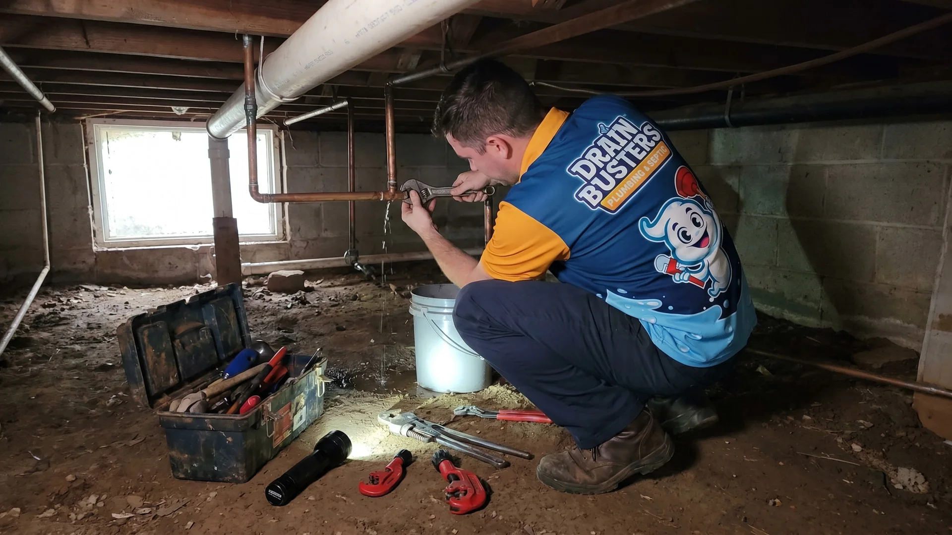 Drain Busters technician inspecting crawlspace plumbing that can be vulnerable during cold weather.