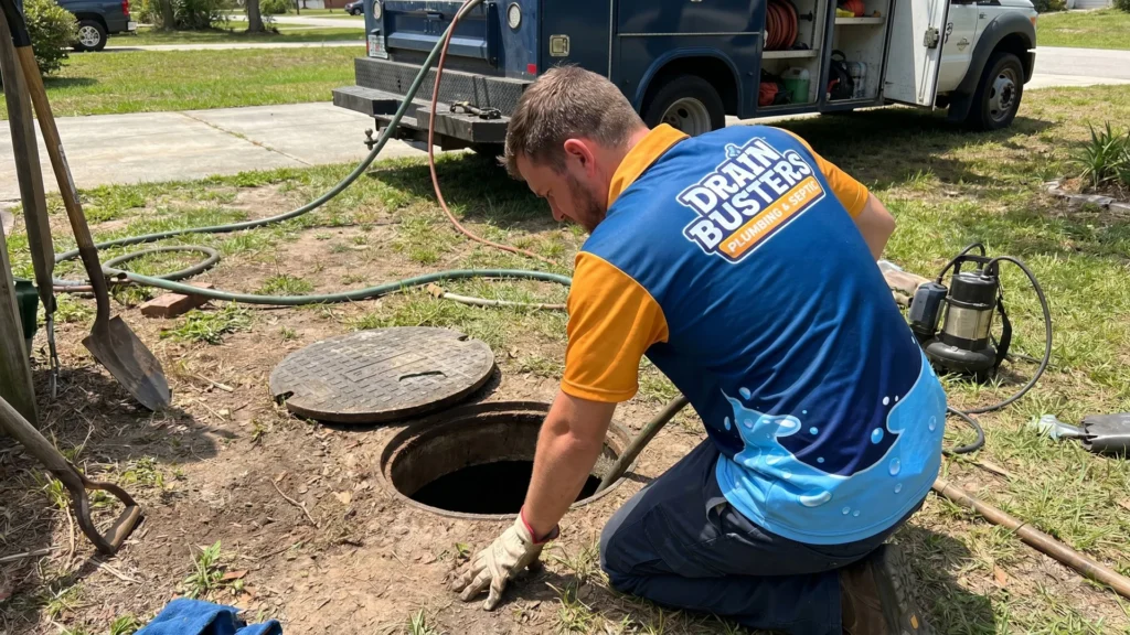 Drain Busters technician checking an outdoor drain cleanout before heavy rain season.
