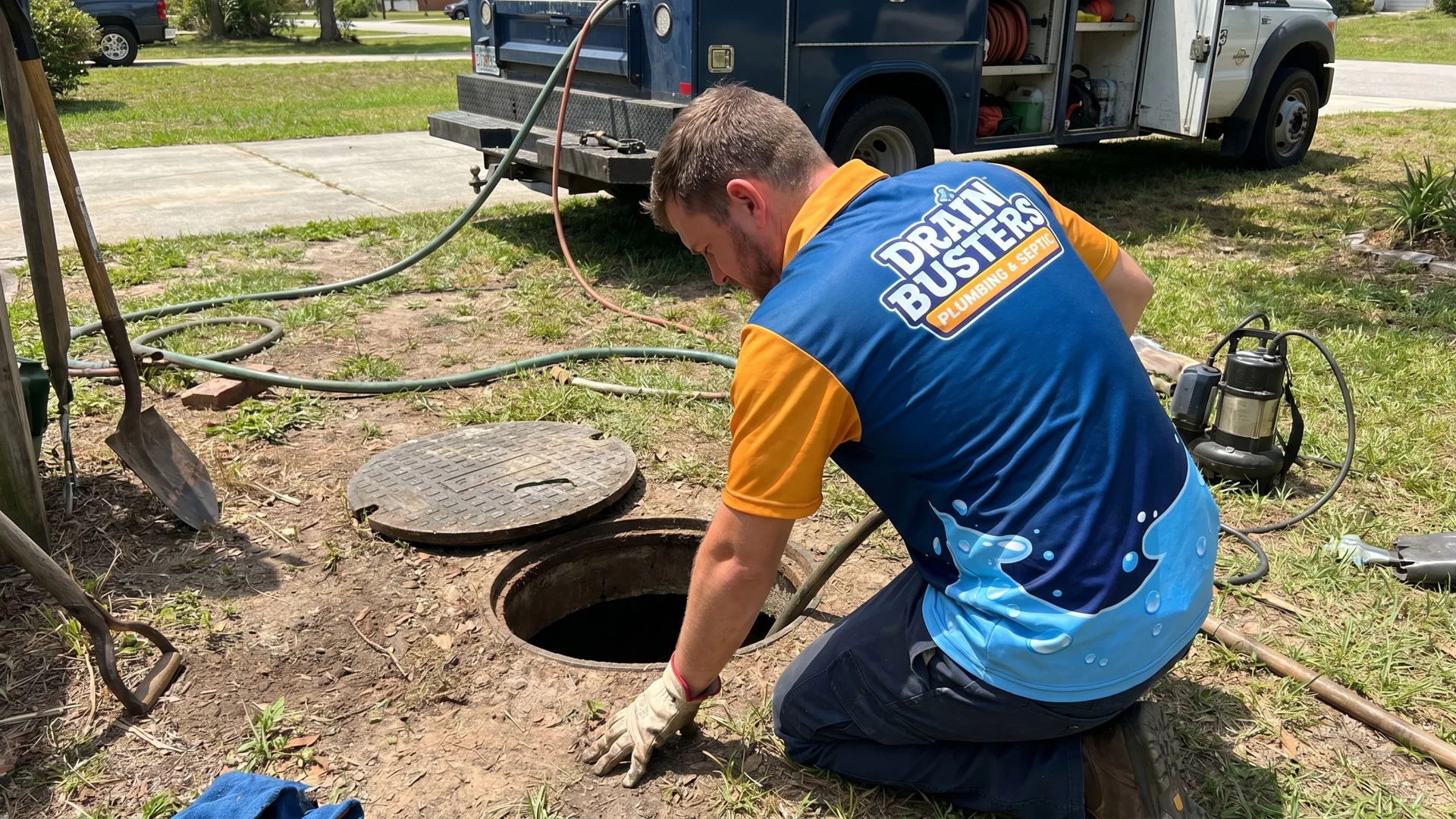 Drain Busters technician checking an outdoor drain cleanout before heavy rain season.