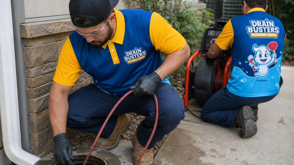 Drain Busters crew working on a main drain line for slow drains and sewer symptoms.