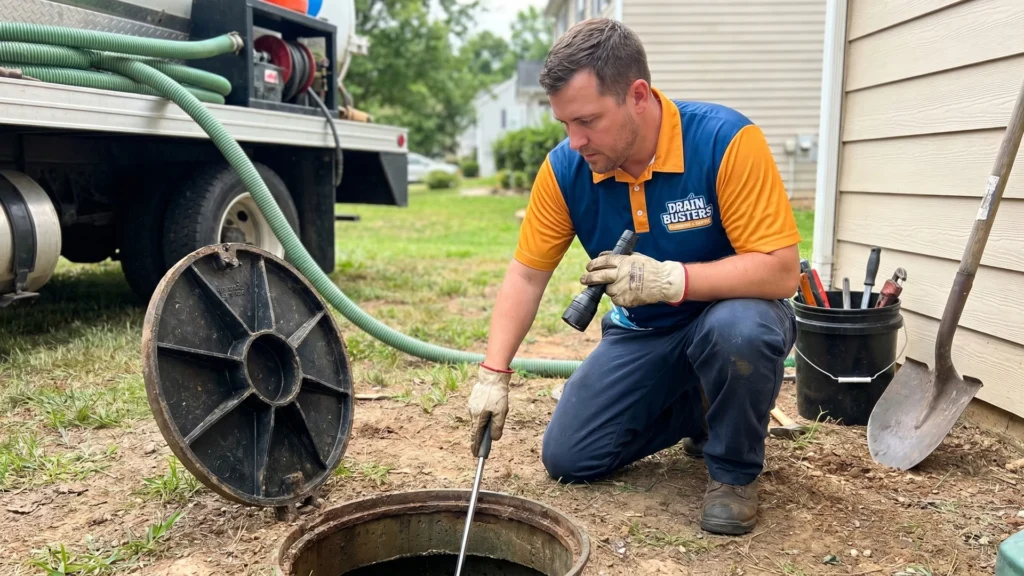 Drain Busters technician inspecting septic access at a local property.