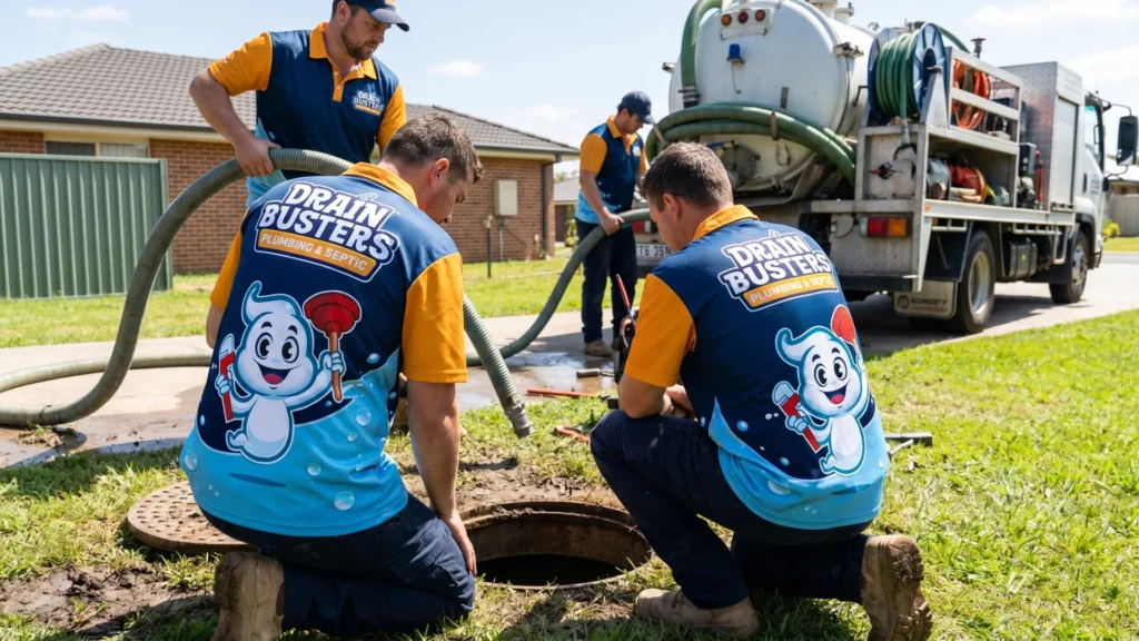 Drain Busters septic tank pumping service with a vacuum truck at a local property.