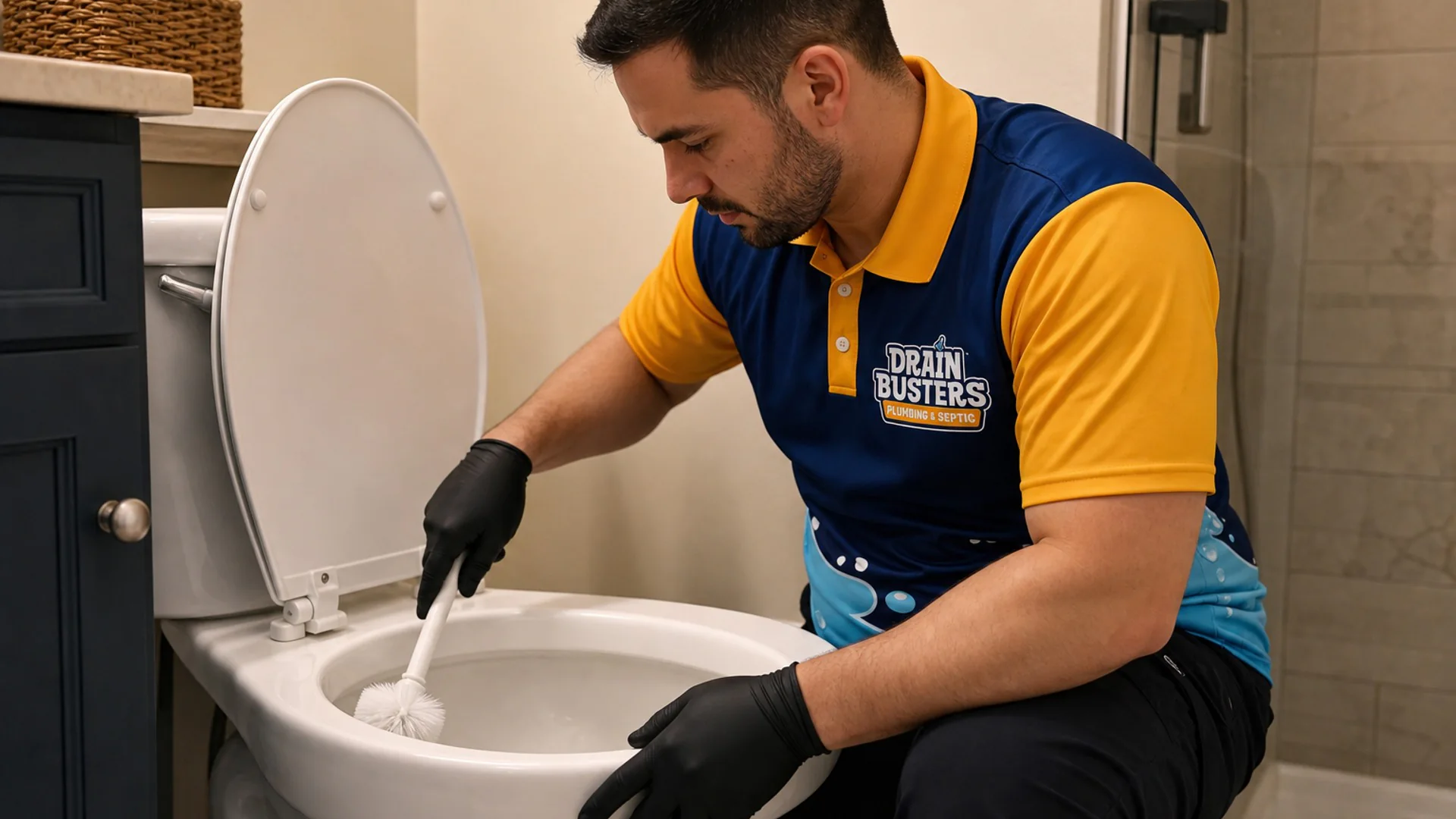 Drain Busters technician working beside a toilet while diagnosing bathroom drain trouble.