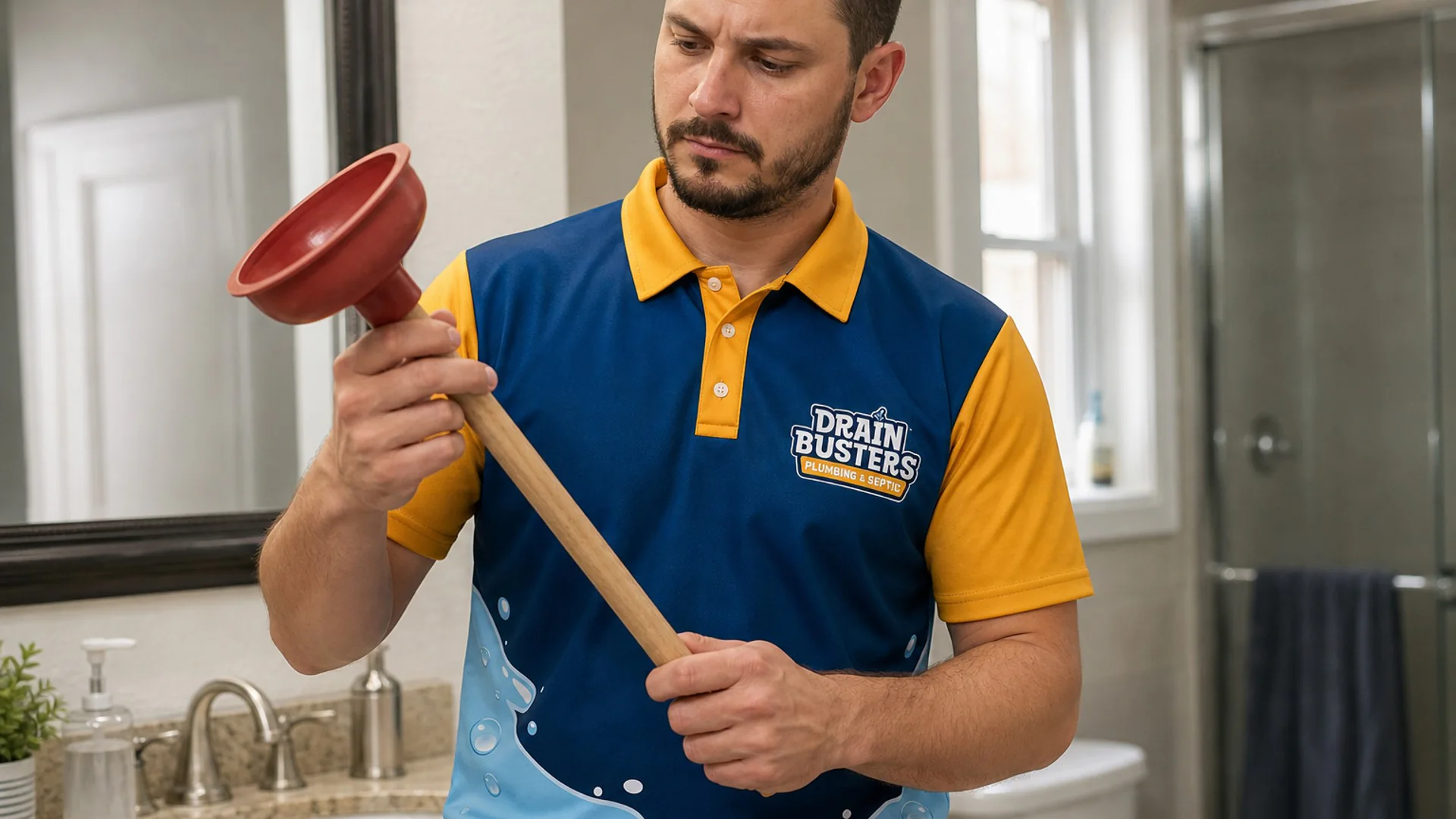 Drain Busters technician holding a plunger for toilet and drain clog service.