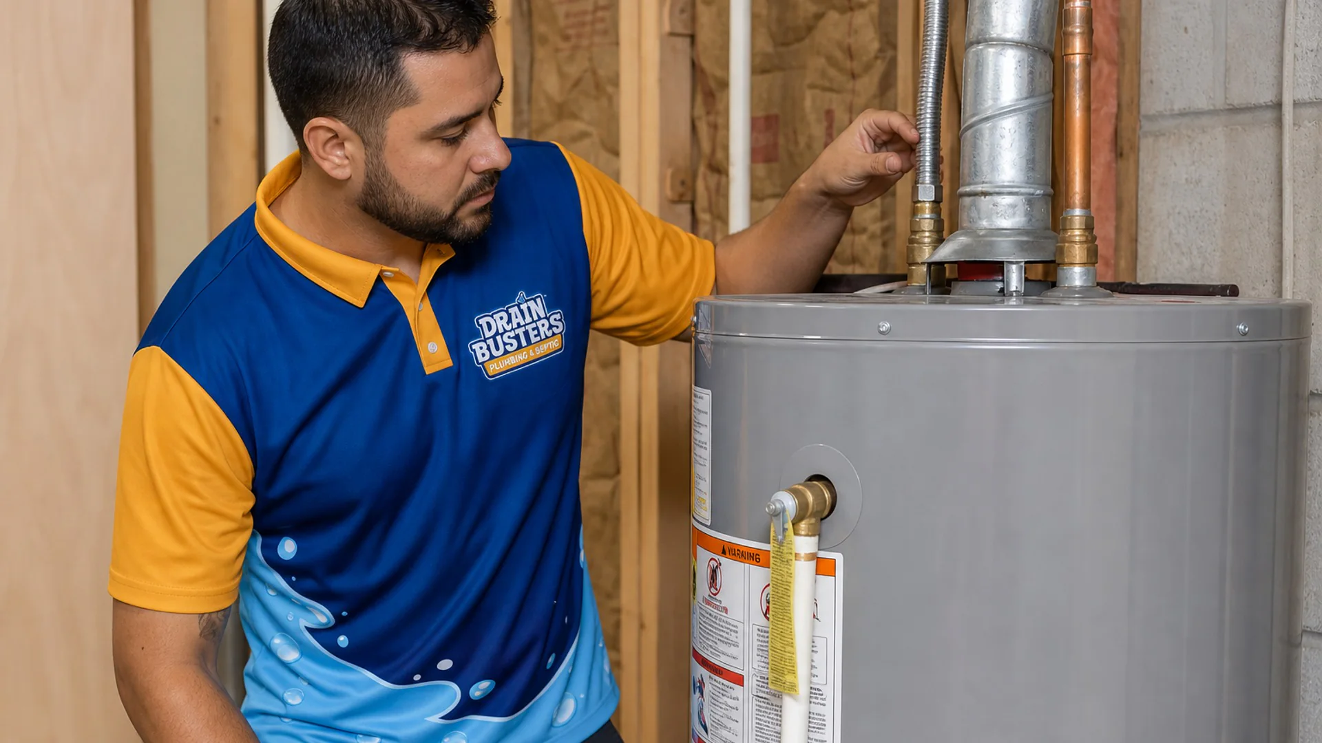 Drain Busters technician checking plumbing and water heater equipment for smart plumbing guidance.