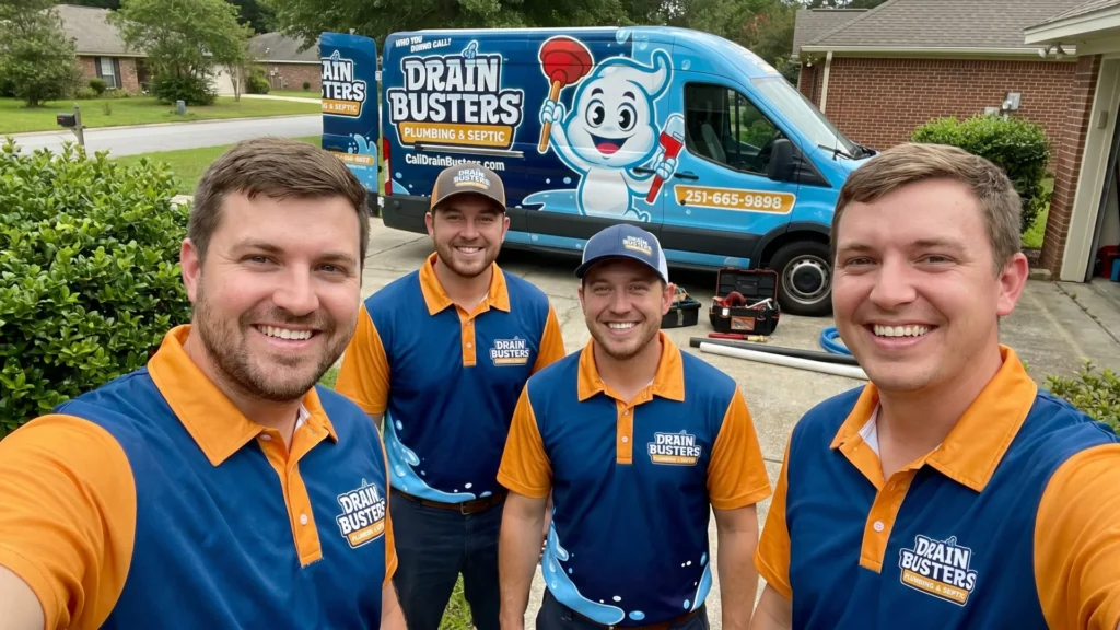 Drain Busters service crew ready for urgent holiday plumbing calls in Mobile County.