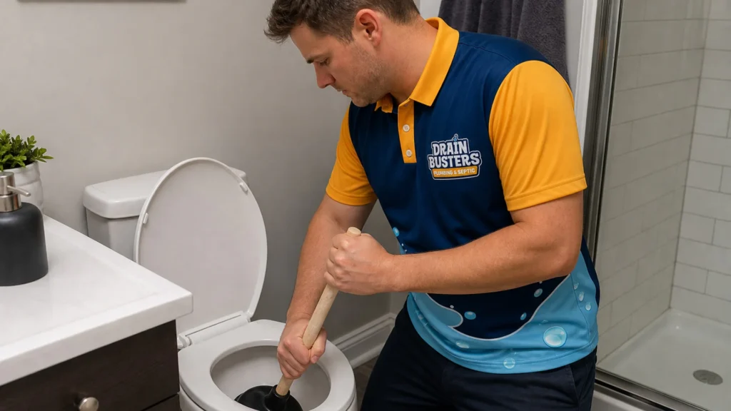 Drain Busters technician using a plunger for a clogged toilet service call.