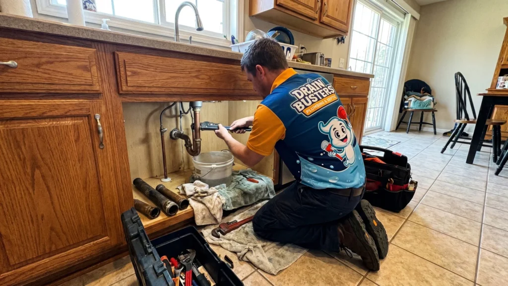 Drain Busters technician working under a sink for stubborn sink clog and leak issues.