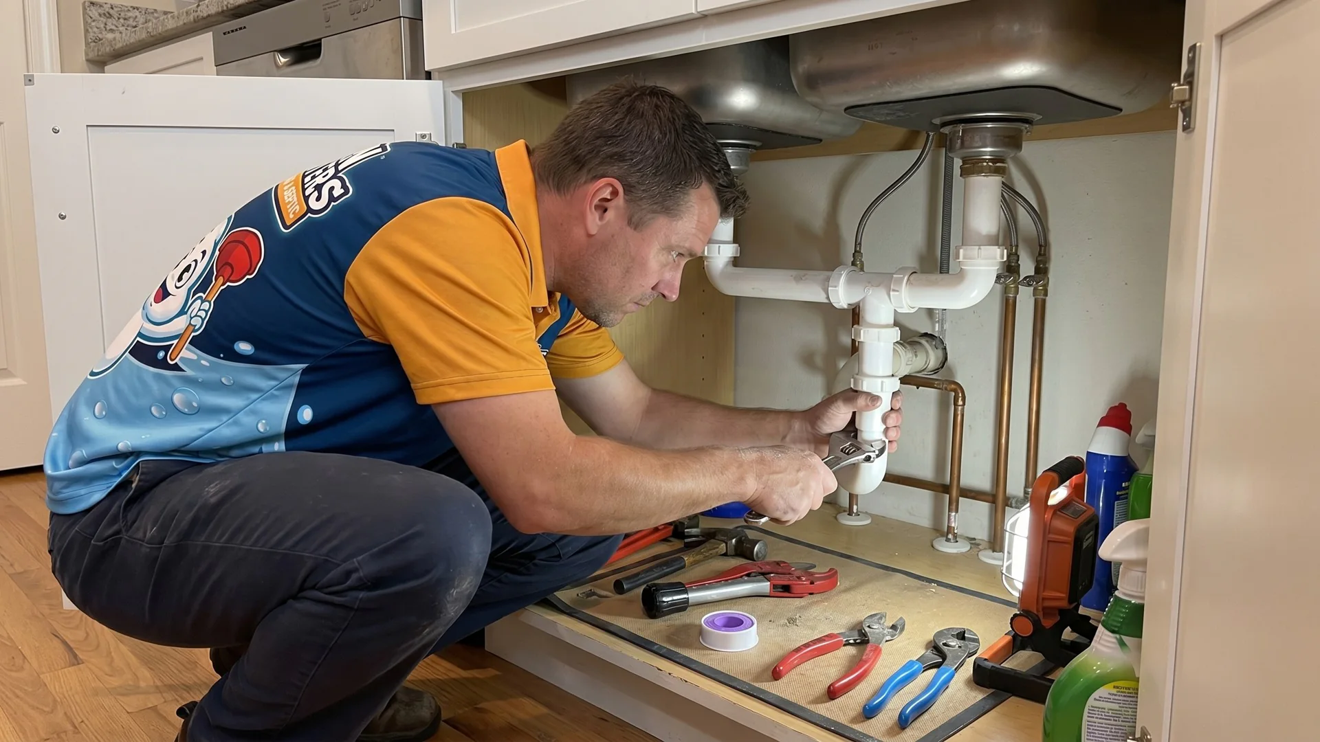 Drain Busters technician repairing under-sink piping for common plumbing problems.