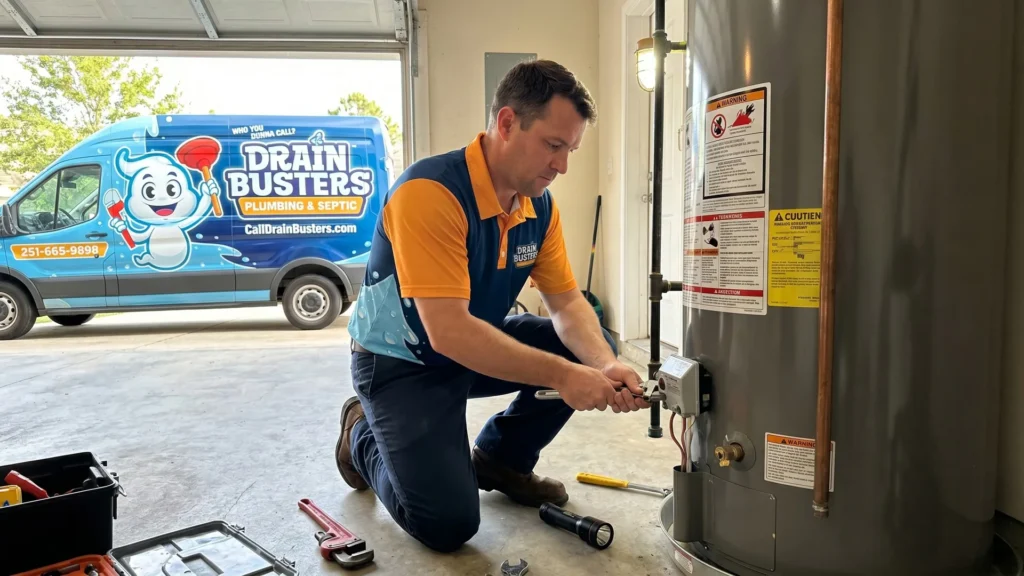 Drain Busters technician servicing water heater equipment beside the service van.