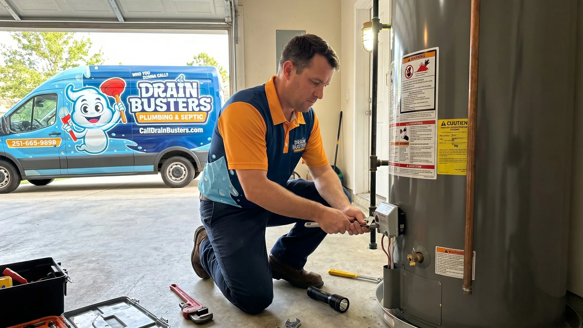 Drain Busters technician servicing water heater equipment beside the service van.